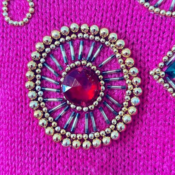 Vintage bright pink cotton/ramie sweater with beads and rhinestones - size L - Picture 5 of 9